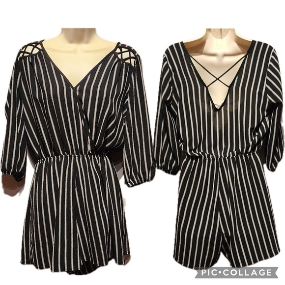 Rags To Wishes Black & White Vertical Stripe Surplice V-Neckline Short Romper - Picture 2 of 16